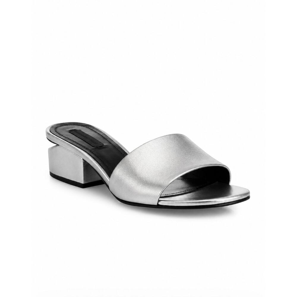 ALEXANDER WANG Lou Metallic Slide Sandal Heel Cutout Silver Sz 38/US 8 $450